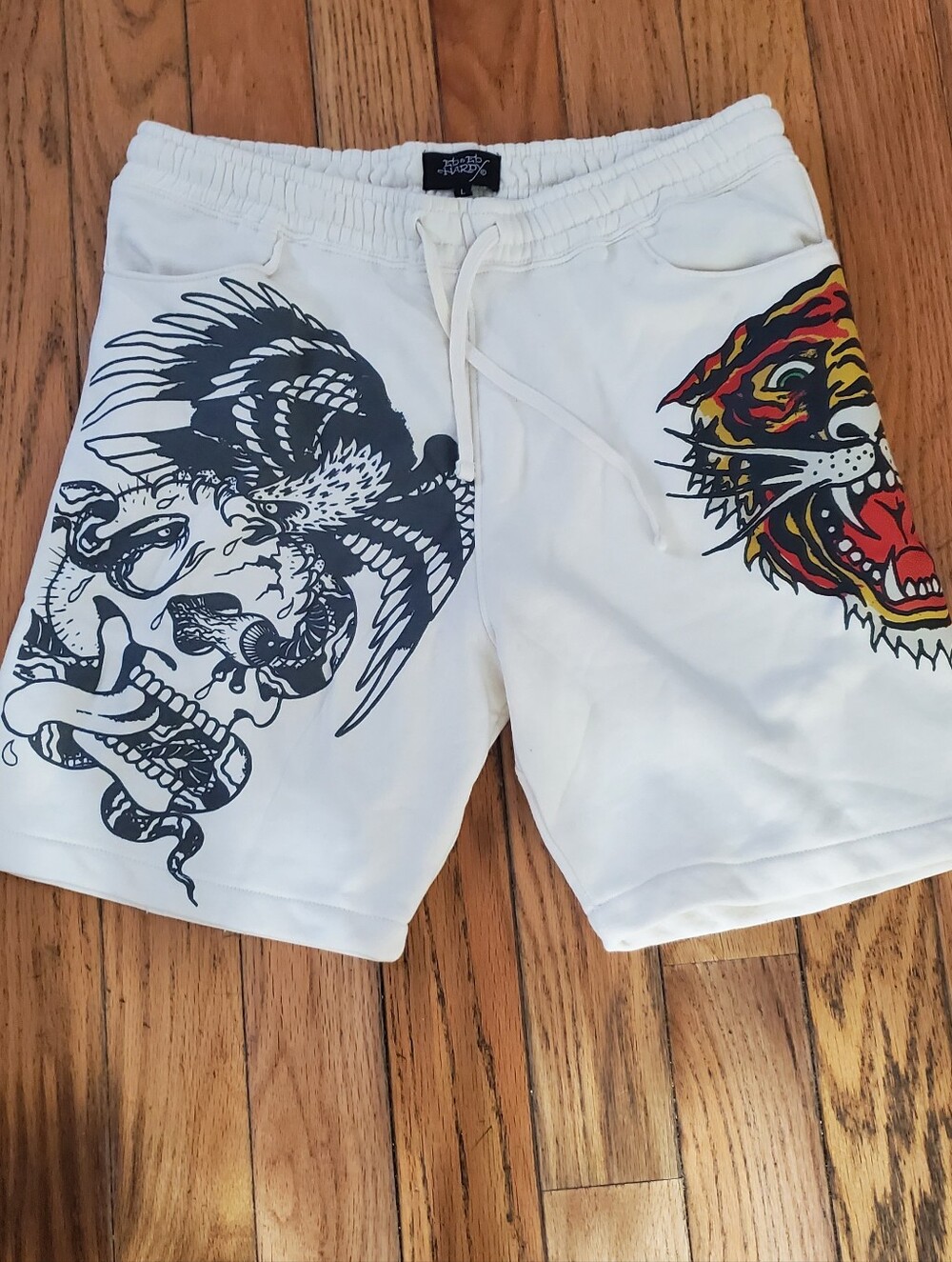 Ed Hardy White Men's Shorts with Tiger & Skull Graphic